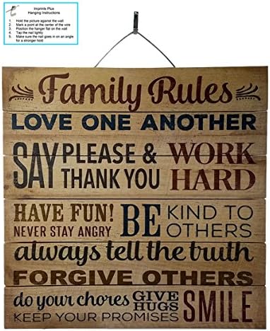 Imprints Plus Family Rules Distressed Wood Sign by, 12โ x 12โ Rustic Home Decor Plaque with Hanger 48-01610
