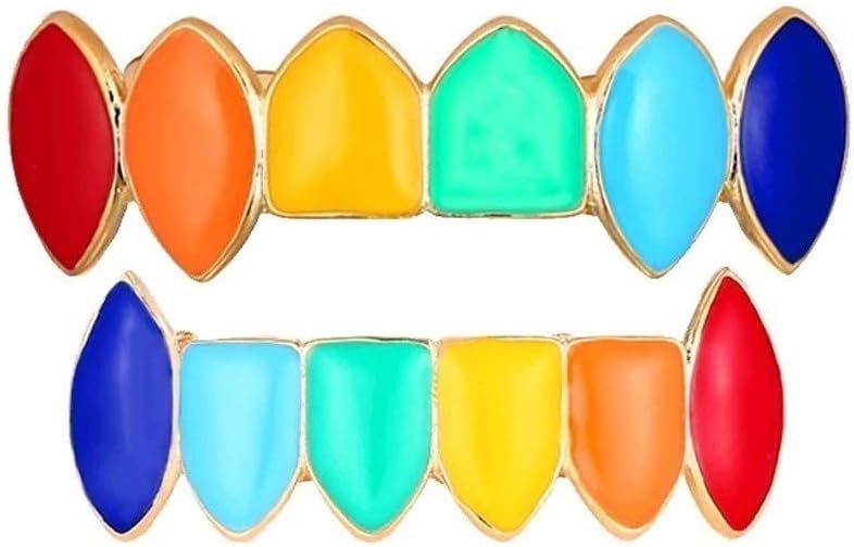 Cenyanga New Fashion Hip Hop Halloween Party Gold Plated Colorful Rainbow Vampire Fangs Top Bottom Grillz Set Best for Your Teeth (Silver)
