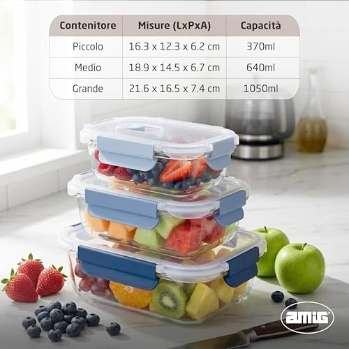 - Set di 3 Contenitori Ermetici in Vetro - 370ml, 640ml, 1050ml - Trasparente - Coperchio in Polipropilene - Adatti per Conservare, Trasportare e Riscaldare Alimenti - Mod. 700