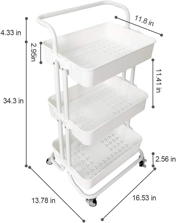 Coideal 3 Tier Rolling Utility Cart Trolley Storage Shelves Multifunction Service Cart with Mesh Basket Handle and Lockable Wheels for Bathroom Kitchen Office (White) : Office Products