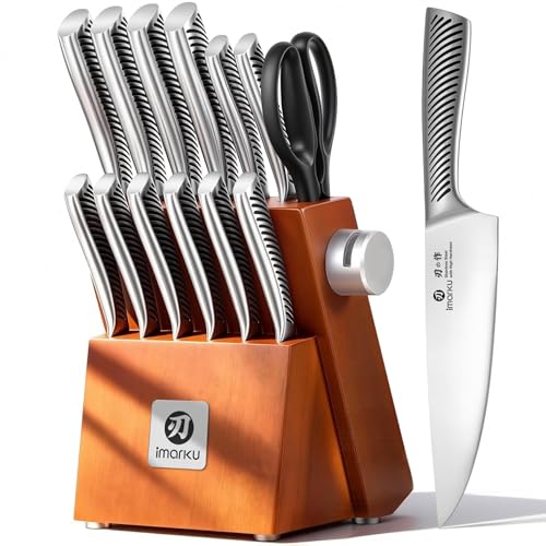 imarku 14-Piece Knife Set, Japanese Stainless Steel Knives Set for Kitchen, Full-Tang Gyutou Knife Sets with Block and Build-in Sharpener, Brown, Dishwasher Safe, House Warming Gifts for Men