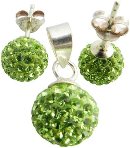 8mm Ear Ring 10mm Pendant Sterling Silver 925 Green Peridot Crystal Set Jewelry
