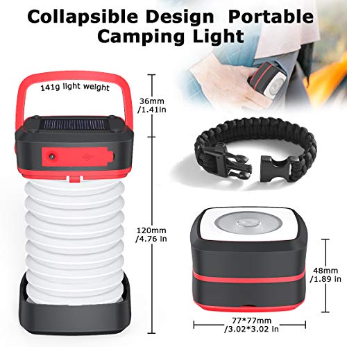 Quntis Rechargeable LED Camping Lantern - Outdoor Solar Powered Camping Flashlight - Mini Torch Hanging Light USB Charging for Hiking Tent Garden Patio Emergencies - Collapsible and Waterproof - Red - Thumbnail 4