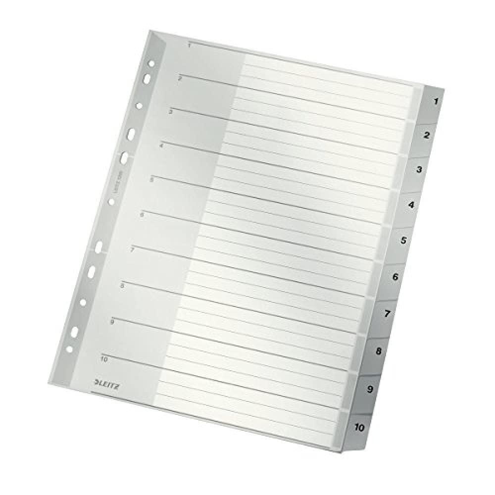 Leitz A4 index, cardboard cover and 10 plastic dividers, tablets with numbers printed 1-10 tabs, extra width, grey, 12800000, 1 piece