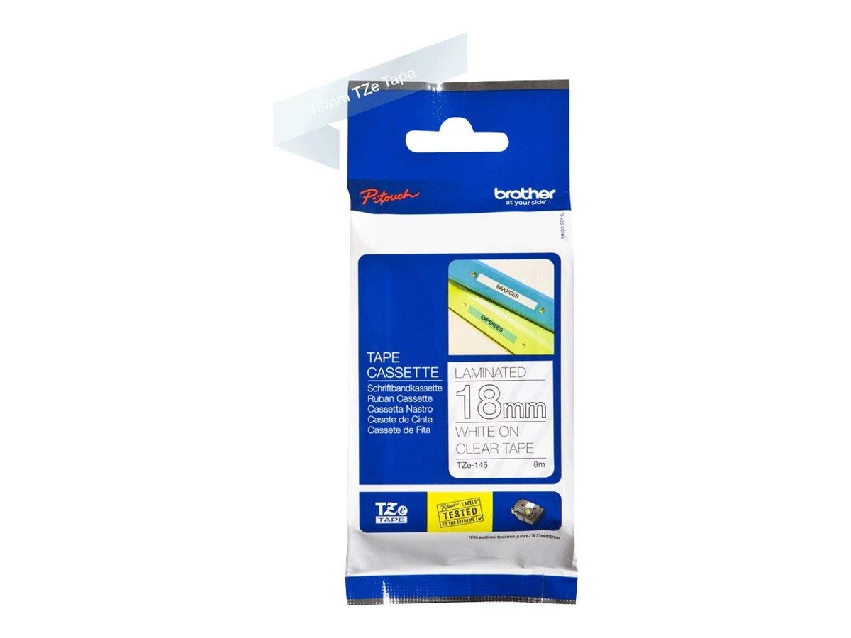 Brother TZe-145 Labelling Tape Cassette, 18 mm (W) x 8 m (L), Laminated, Brother Genuine Supplies - White on Clear — image 1