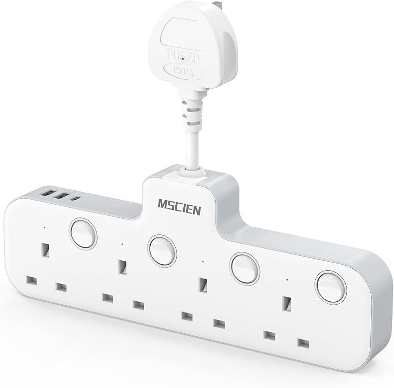 Mscien 4 Way USB Plug Extension with Switches 3250W 250V 13A Safety