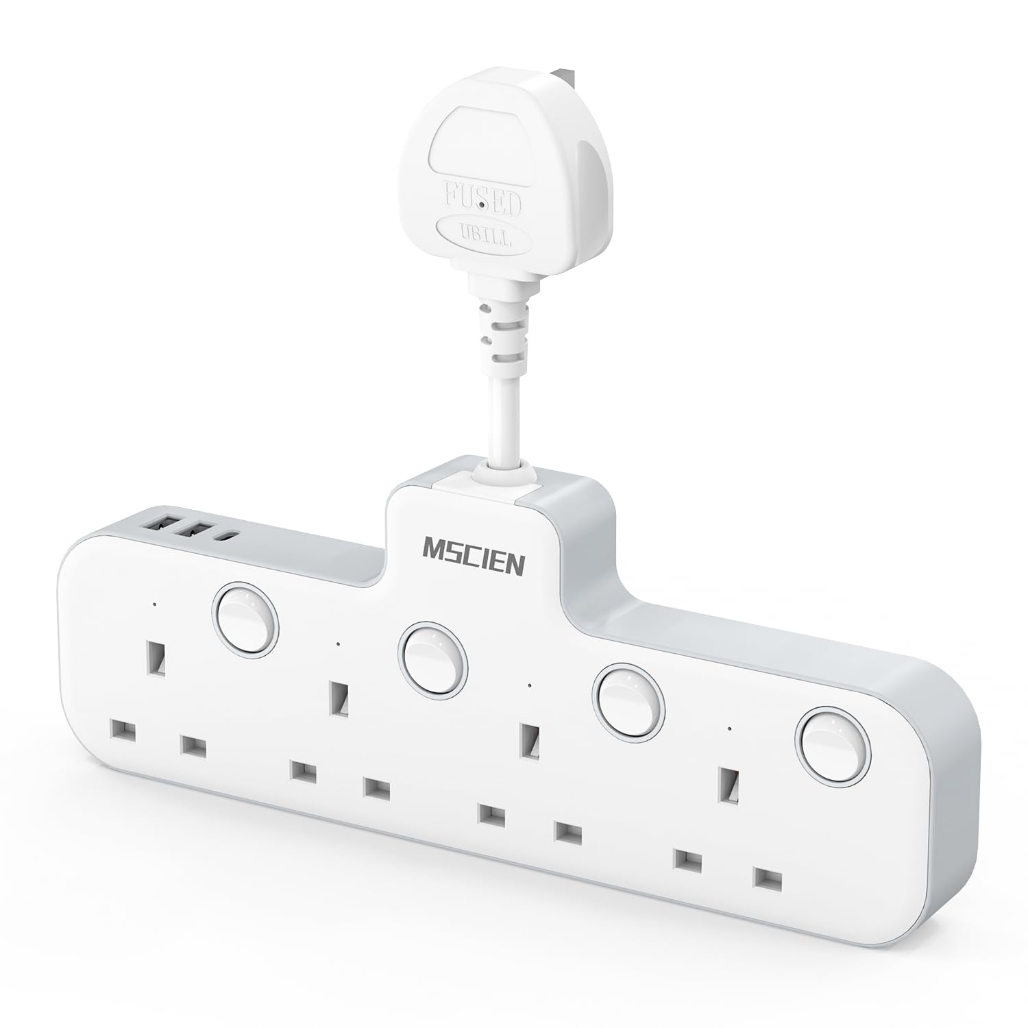 Mscien Multi Plug Extension Socket with USB, 4 Way Plug Adapter, Hanging Plug Extender with Switches for Home, Office, Multiplug Wall Socket Extension