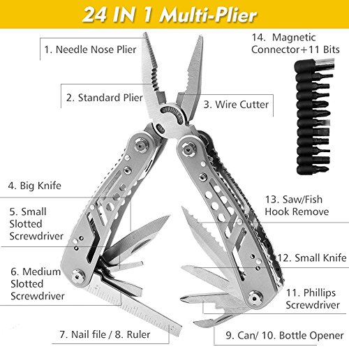 Multitool 24-in-1 Pocket Multi Tool Plier Knife Kit Heavy Duty Stainless Steel Multi-purpose Tool for Hunting Hiking Camping Outdoor Survival with Multifunctional Bracelet & Nylon Sheath (Multi-Plier)