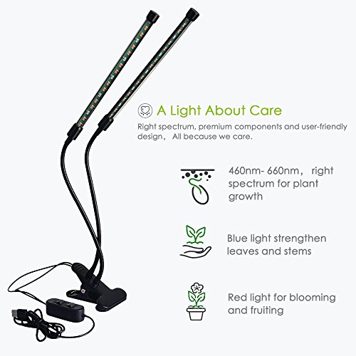 LED Grow Light, LEDMEI 18W Dual Head Plant Grow Light Dimmable 2 Levels Grow Lights Desk Clip with Adjustable 360Â° Goose Neck for Indoor Hydroponics Greenhouse Garden Home Office Plants