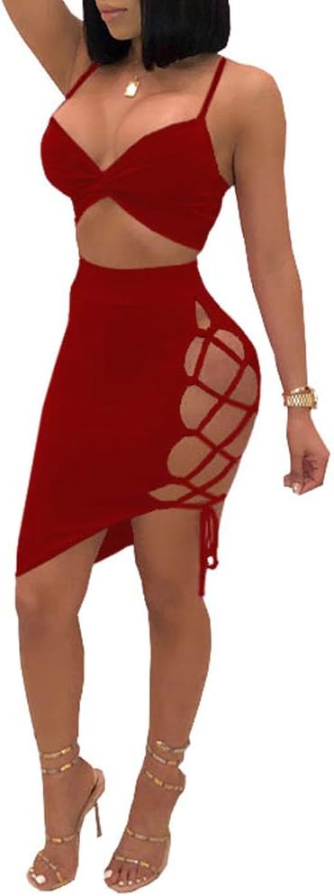 Women's Sexy Sleeveless Bodycon Club Mini Dress 2024 Summer Spaghetti Strap Cut Out Two Piece Skirt Sets