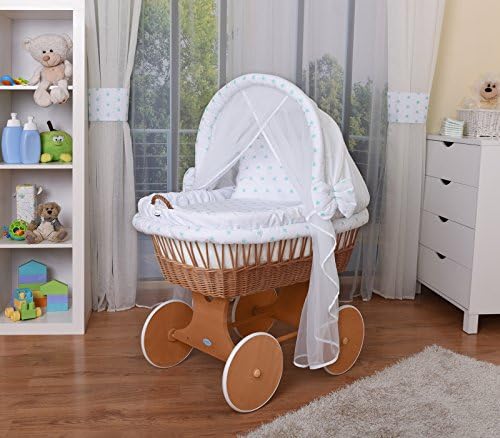 WALDIN Baby Wicker Cradle,Moses Basket,44 Models Available,Painted Stand/Wheels,Textile Colour White/Mint Stars
