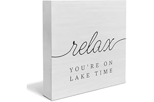 YIDOU Country Lake Wood Box Sign Decor Desk Sign Lake House Relax Quote Wooden Box Block Sign Summer Rustic Home Shelf Wall Decoration