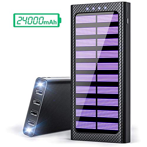 Solar Charger 24000mAh Portable charger, TSSIBE Solar Power Bank with LED Flashlight,Multiple USB Output & Input Ports External Battery Pack for Cellphones,Android Phones,GoPro Camera,GPS and More (Black)