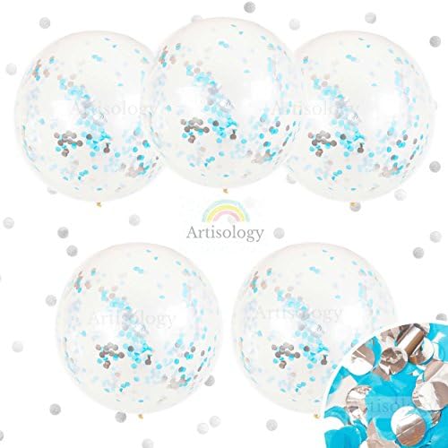 Artisology Metallic Silver and Blue 36" Round Confetti Balloons |5 PACK| GLAM special event like birthday party, baby gender neutral or baby shower, bridal shower decorations (PREFILLED)