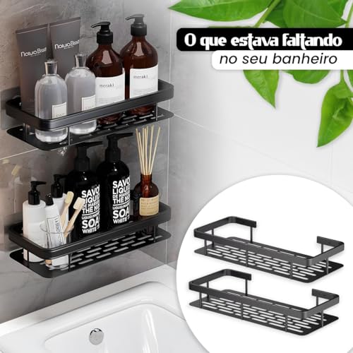 Kit com 2 Suporte de Parede para Banheiro Prateleiras Autoadesivas Preto Organizador para Shampoo e Sabonete Instalação Sem Furos