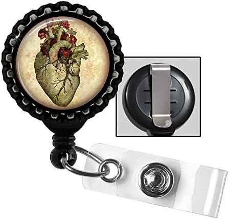 Floral Heart - black ID holder, retractable badge reel, medical, cardiology, roses