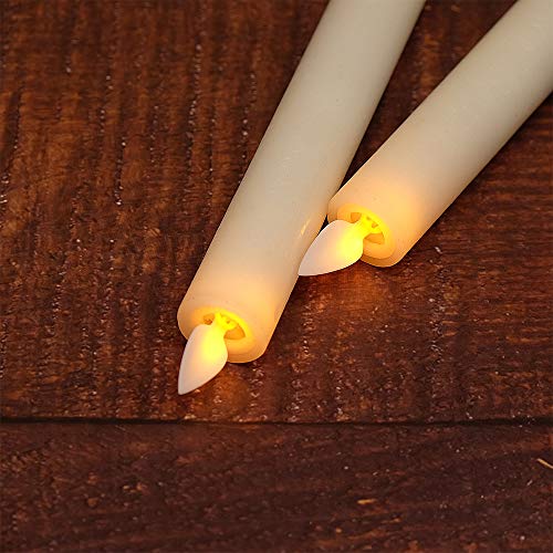 DRomance Flameless Taper Candles with Remote and Timer, Moving Wick LED Flickering Window Candles Battery Operated 0.78 x 9.5 Inches Real Wax Amber Yellow Christmas Window Decoration Set of 2(Ivory)