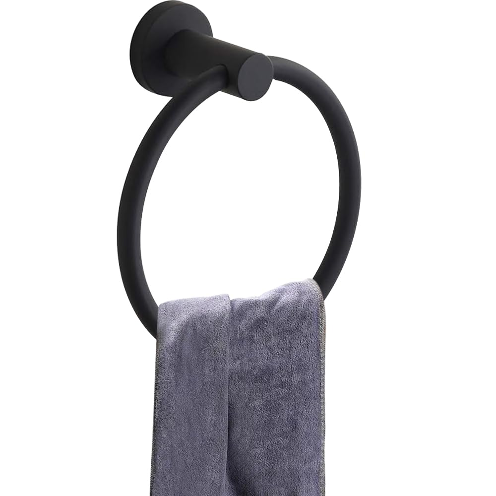 Towel Holder Black, Round Towel Hanger Stainless Steel Towel Rail Towel Holder for Bathroom Wall Matte Black Towel Ring(6.3 inches/16cm)