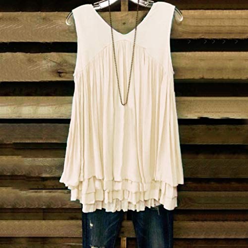 Sanyyanlsy Women's Layed Ruched Pleated Vest Ladies V-Neck Ruffled Tank Top Casual Solid Color Short Sleeveless T-Shirt Beige