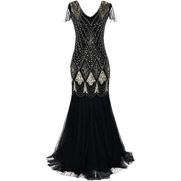 Sequin Fringe Maxi Dress Women's 1920s Great Gatsby - Sequin Fringe Maxi  Mermaid Gown, V-Neck, Long Sleeves, Black+Red, Size 2XL Flapper Dress