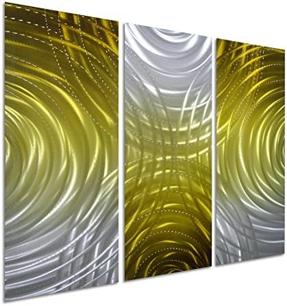 Pure Art Circles of Greatness - Small Abstract Metal Wall Art - Gold and Silver Hanging Sculpture of 3 Panels - Modern Decoration of 32" x 24"