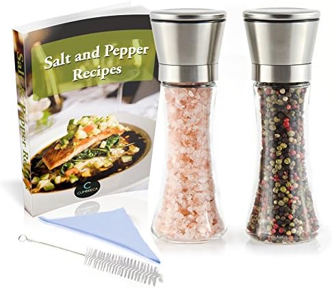 ONE DAY SALE ! Premium Stainless Steel Salt and Pepper Grinder set - Adjustable Coarseness, Glass Salt Mill and Pepper Grinders, Salt and Pepper Shakers + Recipe eBook