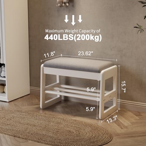 AQIMUELE Shoe Bench Cushion, 2 Levels, Shoe Bench with Folding Lid, Wooden Shoe Rack for Entryway, Hallway 60 cm (White)