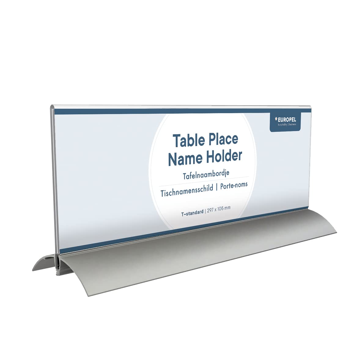Europel Table Place Name Holder, 105 x 297 mm, Clear Acrylic Construction, Double Sided Sign Holder, Name Display for Conferences, Meetings, Receptions, Free-Standing Design with Aluminium Base