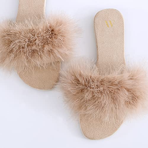 Amélie Home Women\'s Sexy Fashion Slide Slippers - Beige Furry Turkey Feather Open Toe Comfy Fuzzy Suede Lined House Sandals for Spring & Summer,Size 6