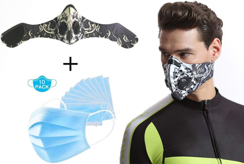ADESUGATA 1PCS Cycling Half Face Mask (Double Air Breathing Valve Activated Carbon Filter) +10PCS Ordinary Mask Adjustable Sports Dust Breathable Mask for Running Motorcycle Skiing Riding (White)