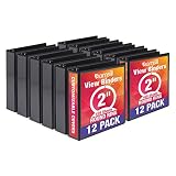 Samsill Economy 3 Ring View Binder Organizer, 2 Inch Round Ring Binder, Customizeable Clear View Cover, Black Bulk Binder 12 Pack