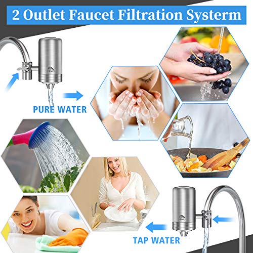 Faucet Water Filter, 304 Stainless-Steel Water Faucet Filtration System, High Water Flow Tap Water Filter, Water Purifier Removes Lead, Flouride & Chlorine - Fits Standard Faucets (2 Filters Included)