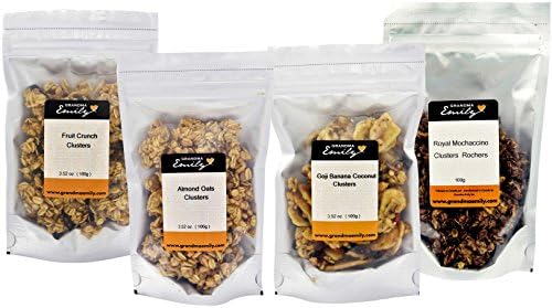 Grandma Emily Granola Clusters, (Made in CANADA) 12 Individually Packed Assorted Flavours 3.52 oz. (100g). Delicious tasting Snacks Packed With Crunchy Goodness (4 Of Each Flavour)100% Canadian Oats