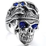 INBLUE Men's Stainless Steel Ring Band Silver Tone Blue Skull Tribal Size13