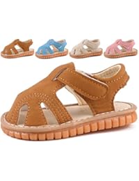 CINDEAR Squeaky Pu Leather Closed-Toe Sandals for Infant Boy Girl Rubber Sole Anti-Slip Slippers Shoes Camel 1302-CL15(Inner Length 11.5cm/4.5in)