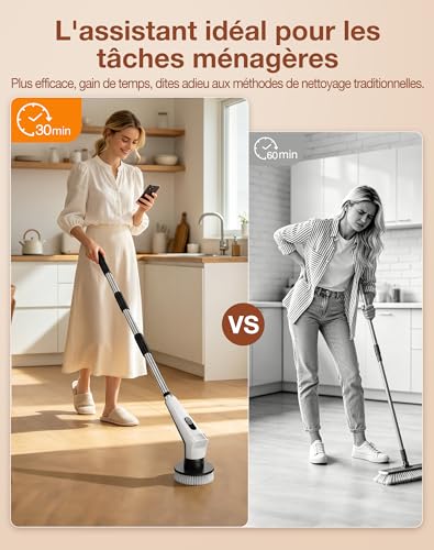 Electric Cleaning Brush with 9 Heads, 3 Adjustable Speed, Extendable Handle, with LED Light, IPX8 Waterproof, Rotating Brush for Bathroom, Kitchen, Floors and Car