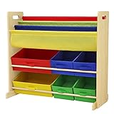 SONGMICS Kids' Toy Storage Unit Sling Bookcase Rack with 6 Fabric Bins and 3-Tier Book Shelf Multicolor UGKR48Y