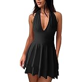 HOT ROEE Women's Halter Deep V Neck A-line Mini Dress Ruched Waist Short Party Dresses