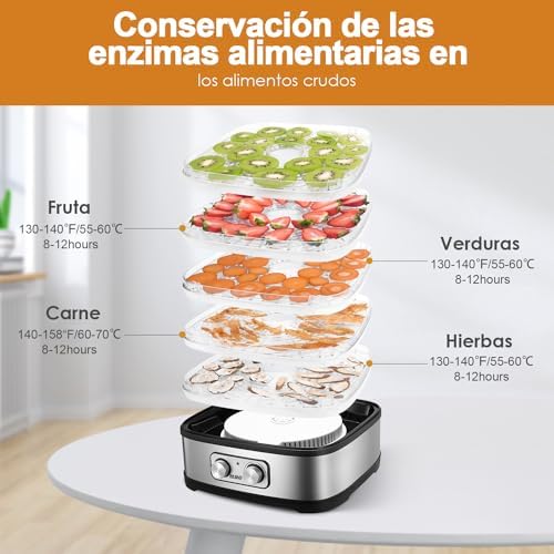 GGJ-261A Deshidratador de Alimentos, 5 Bandejas Ajustables en Altura, Control de Temperatura 35-70°C, Deshidratador de Frutas y Verduras de 240 Vatios, Sin BPA