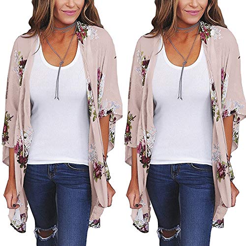 Tootu Women Chiffon Loose Shawl Print Kimono Cardigan Top Cover Up Blouse Beachwear (L, L) (L, Beige) - Thumbnail 2