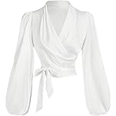 SweatyRocks Women's Long Sleeve Wrap V Neck Self Tie Knot Crop Tops Bishop Sleeve Blouse