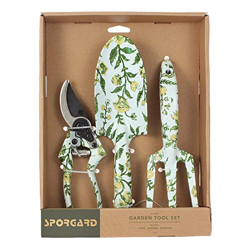 Sporgard 3 Piece Aluminum Garden Tool Set with Floral Print – Trowel, Cultivator, Pruning Shear – Gardening Gift for Women and Men