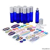 Kare & Kind Essential Oil Bottle Kit - 10xEssential Oil Bottle (1/3 oz - 10 ml), 1xTool for Opening/Sealing Bottles, 78x Label, 1x Mini Dropper + 1x Mini Funnel (Cobalt Blue)