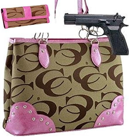 Pink and Khaki Studded Signature Conceal and Carry Purse W Matching Wallet