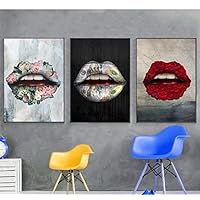 Scmkd Art Painting Mural Canvas Painting 3 Wall Art Red Lip Print Painting Poster for Living Room Bedroom Restaurant Beauty Salon Lady Room Decoration