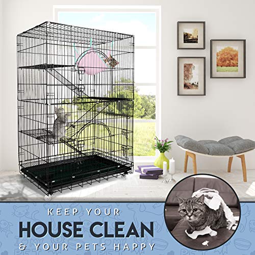 Petsmatig-Wire-Cat-Cage-Spacious-Foldable-Metal-Pet-Crate-Playpen-with-3-Openings-3-Platforms-3-Ladders-1-Hammock-1-Bottom-Tray-4-Wheels-and-Free-Grooming-Gloves
