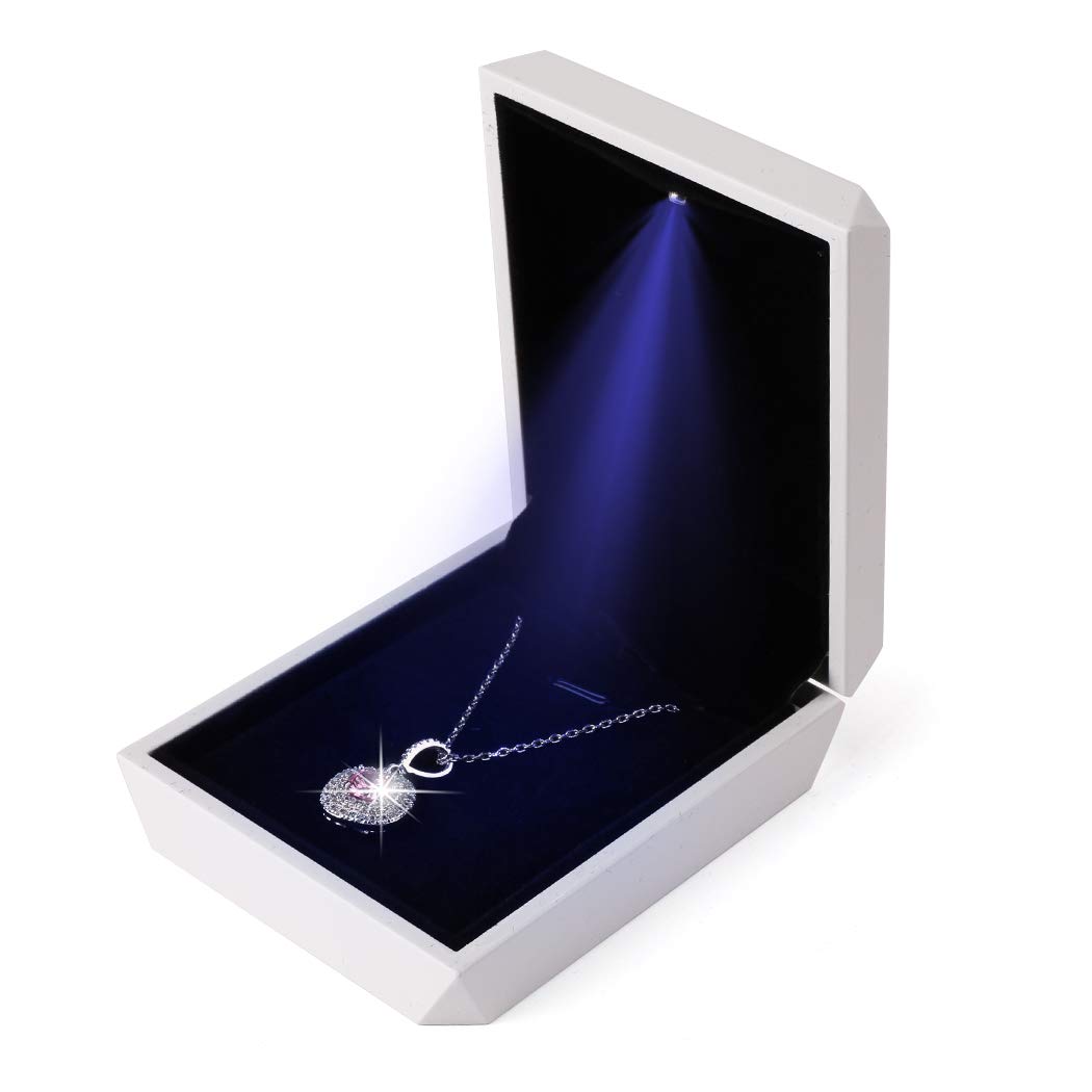 iSuperb LED Pendant Necklace Box Bracelet Box Couple Jewelry Gift Boxes Case Small Jewelry Display for Proposal Engagement Wedding Valentine's Day (White)