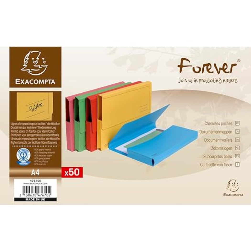Exacompta - Ref 47670E - Forever Collection - Document Wallets (Pack of 50) - 240 x 320mm in Size, Suitable for A4 Documents, 290gsm Premium Pressboard - Assorted Colours — image 1