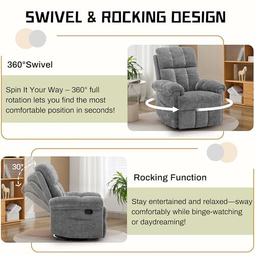 Korser Recliner Chair, Swivel Rocker Recliner Chair for Adults, Small Recliners for Small Spaces, Upholstered Manual Recliner with Side Pockets, Nursery Rocking Chair for Living Room, Chenille, Grey