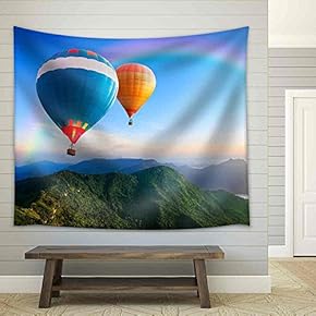 Colorful Hot-Air Balloons Flying Over The Mountain - Fabric Wall Tapestry Home Decor - 51x60 inches